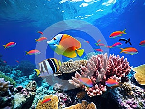 Ai Generated illustration Wildlife Concept of Tropical fish at the Great Barrier Reef.