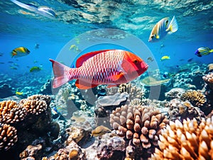 Ai Generated illustration Wildlife Concept of Tropical fish at the Great Barrier Reef.