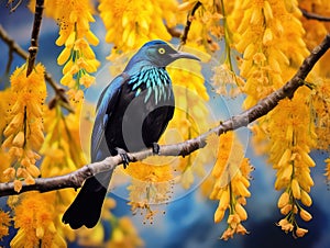 Ai Generated illustration Wildlife Concept of Tui bird kowhai tree flowers New Zealand native