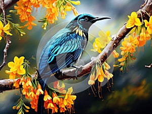 Ai Generated illustration Wildlife Concept of Tui bird kowhai tree flowers New Zealand native