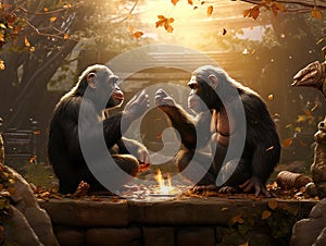 Ai Generated illustration Wildlife Concept of Two chimpanzees talking