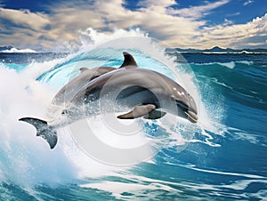 Ai Generated illustration Wildlife Concept of Two dolphins jumping over wave