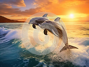 Ai Generated illustration Wildlife Concept of Two dolphins jumping over wave