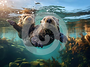 Ai Generated illustration Wildlife Concept of Two sea otters floating in Morro Bay California