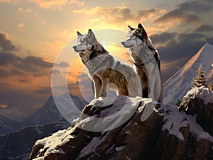 Ai Generated illustration Wildlife Concept of Two timber wolves on ridge