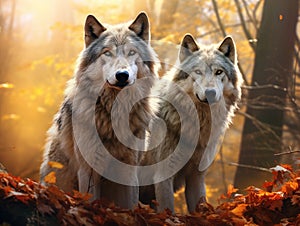 Ai Generated illustration Wildlife Concept of Two wolves side by side