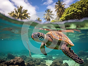 Ai Generated illustration Wildlife Concept of Underwater Sea Turtle