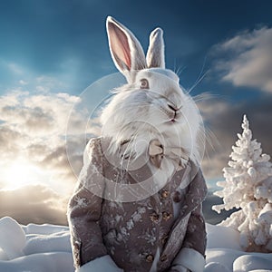 Ai Generated illustration Wildlife Concept of White rabbit in snow profile