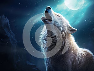 Ai Generated illustration Wildlife Concept of White Wolf Howling Moon Illustration