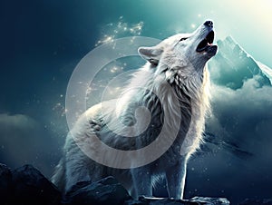 Ai Generated illustration Wildlife Concept of White Wolf Howling Moon Illustration