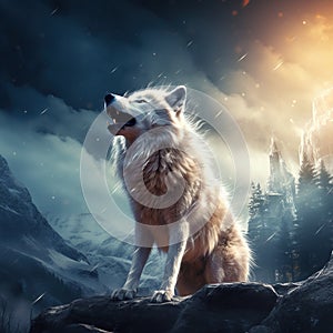 Ai Generated illustration Wildlife Concept of White Wolf Howling Moon Moons