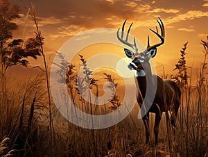 Ai Generated illustration Wildlife Concept of Whitetail Buck Deer standing in tall grass standfing hunting season