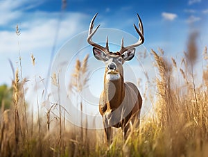 Ai Generated illustration Wildlife Concept of Whitetail Buck Deer standing in tall grass standfing hunting season