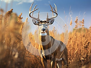 Ai Generated illustration Wildlife Concept of Whitetail Buck Deer standing in tall grass standfing hunting season