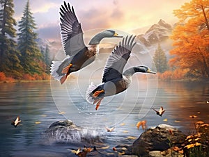 Ai Generated illustration Wildlife Concept of Wild ducks flying over the lake