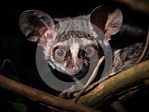 Ai Generated illustration Wildlife Concept of Wild Galago (Bush Baby) in the dark