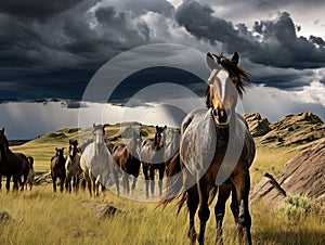 Ai Generated illustration Wildlife Concept of Wild Horse Herd Horses Storm Cloud