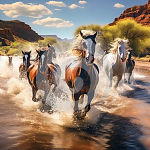 Ai Generated illustration Wildlife Concept of Wild Horses Mustangs in Salt River Arizona