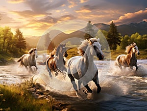 Ai Generated illustration Wildlife Concept of Wild horses running and jumping
