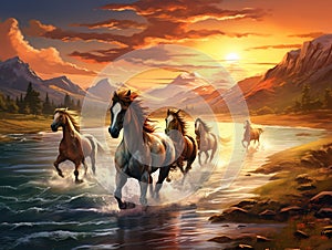 Ai Generated illustration Wildlife Concept of Wild horses running and jumping