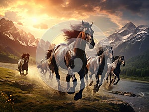 Ai Generated illustration Wildlife Concept of Wild horses running and jumping