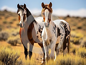 Ai Generated illustration Wildlife Concept of Wild mustang pinto paint horse mare colt foal nature