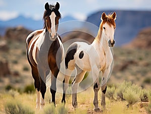 Ai Generated illustration Wildlife Concept of Wild mustang pinto paint horse mare colt foal nature