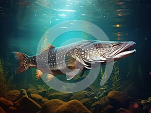 Ai Generated illustration Wildlife Concept of Wild underwater Pike.