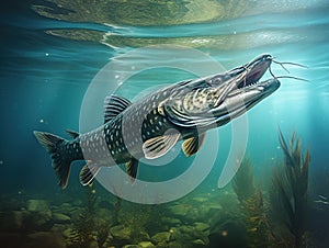 Ai Generated illustration Wildlife Concept of Wild underwater Pike.