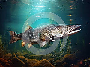 Ai Generated illustration Wildlife Concept of Wild underwater Pike.