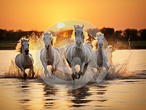 Ai Generated illustration Wildlife Concept of Wild white horses of Camargue running on water at sunset. Southern France