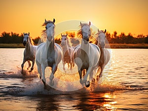 Ai Generated illustration Wildlife Concept of Wild white horses of Camargue running on water at sunset. Southern France