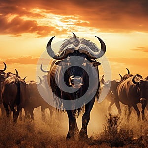 Ai Generated illustration Wildlife Concept of Wildebeest on the plains of the Masai Mara Kenya