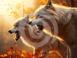 Ai Generated illustration Wildlife Concept of Wolf afraid in sunset