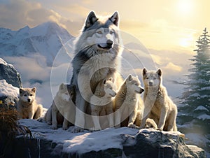 Ai Generated illustration Wildlife Concept of Wolf pups feeding on