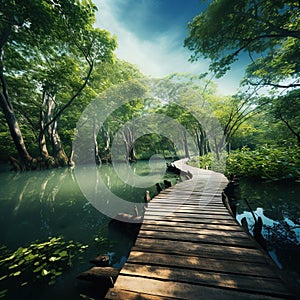 Ai Generated illustration Wildlife Concept of Wood boardwalk in nature reserve