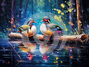 Ai Generated illustration Wildlife Concept of Wood Ducks - Aix sponsa