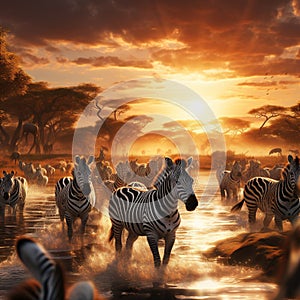 Ai Generated illustration Wildlife Concept of Zebra herd going for a drink in Serengeti