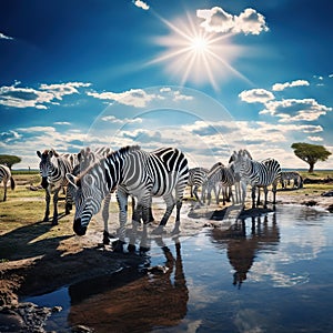 Ai Generated illustration Wildlife Concept of Zebra herd having a drink
