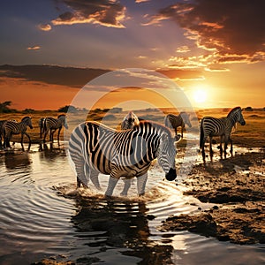 Ai Generated illustration Wildlife Concept of Zebra herd having a drink