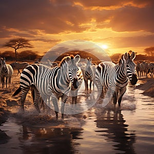 Ai Generated illustration Wildlife Concept of Zebra herd having a drink