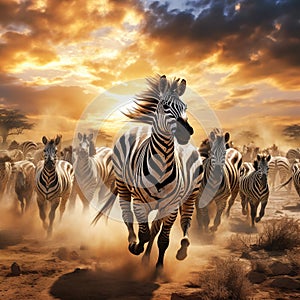 Ai Generated illustration Wildlife Concept of Zebra Herd - Serengeti Safari Tanzania Africa