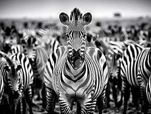 Ai Generated illustration Wildlife Concept of Zebra in a herd of wildebeest