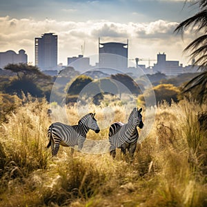 Ai Generated illustration Wildlife Concept of Zebras in Nairobi national park