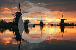 AI-generated illustration of windmills in a row with a sunrise backdrop