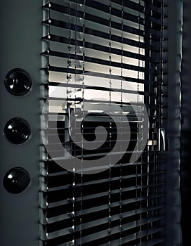 AI generated illustration of a window frame with white vertical blinds