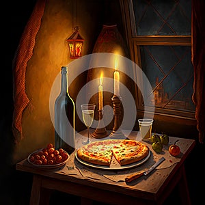 AI-generated illustration of wine and pizza on the table with a candle