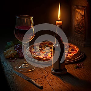 AI-generated illustration of wine and pizza on the table with a candle