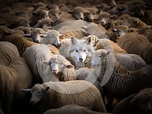 AI-generated illustration of a wolf among a flock of sheep