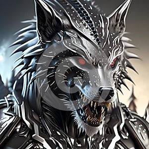 AI generated illustration of a wolf in metallic armor with glowing, vibrant red eyes